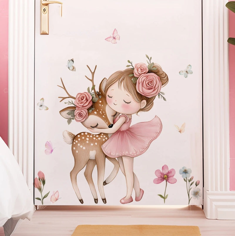 stickers muraux fille câlin de faon près de la porte