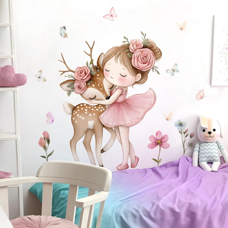 stickers muraux fille faon au-dessus du lit d'enfant