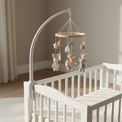 Support blanc mobile bébé avec animaux en feutre