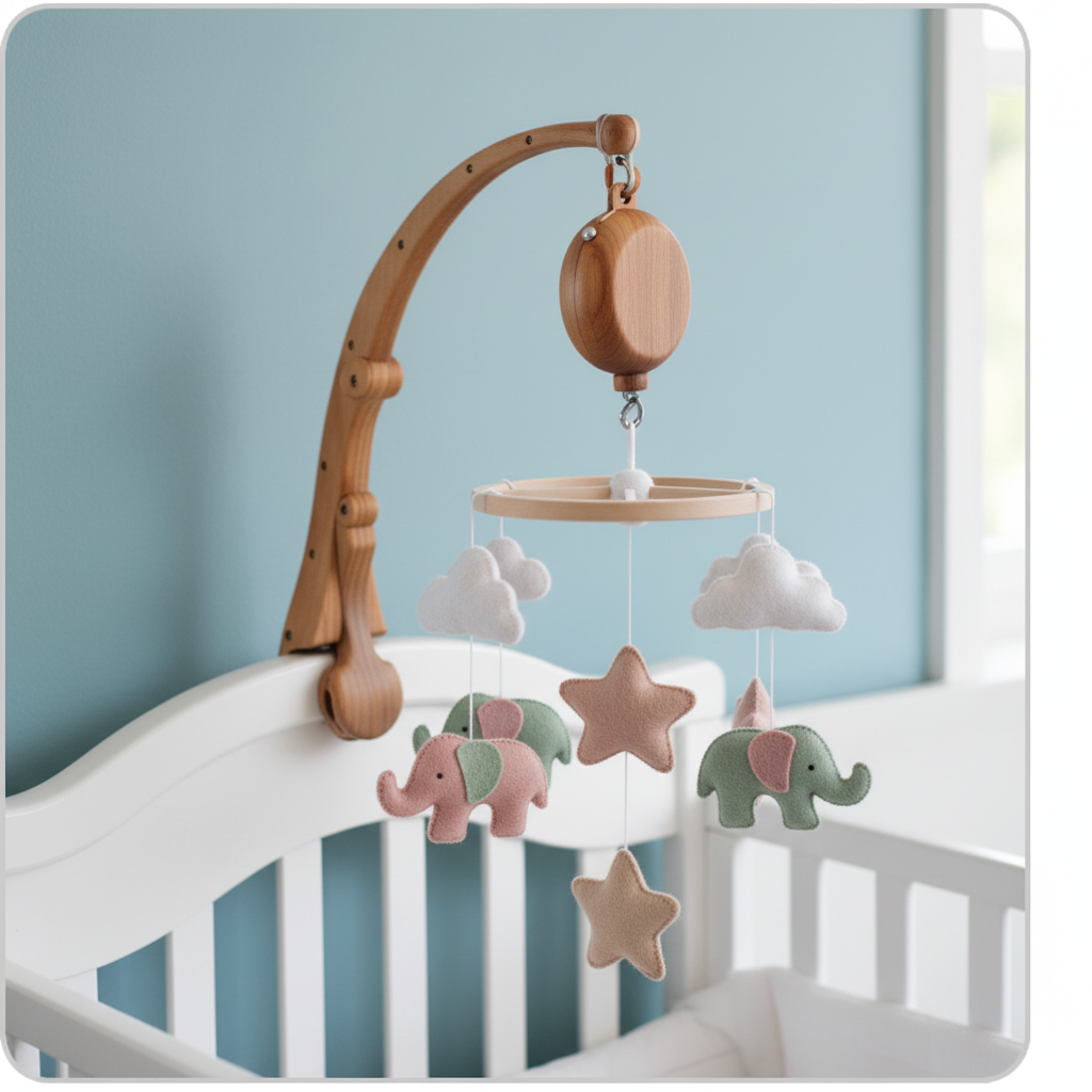 Support mobile bébé avec boîte à musique et mobile en feutre