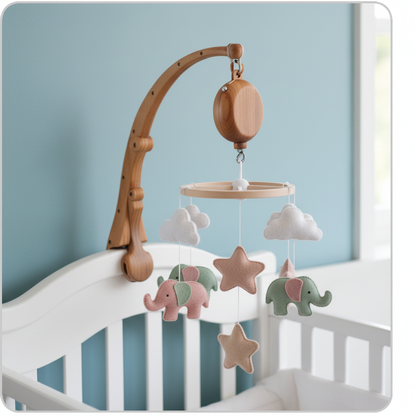 Support mobile bébé avec boîte à musique et mobile en feutre