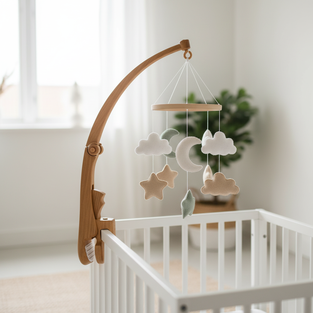 Support mobile bébé en bois avec mobile suspendu