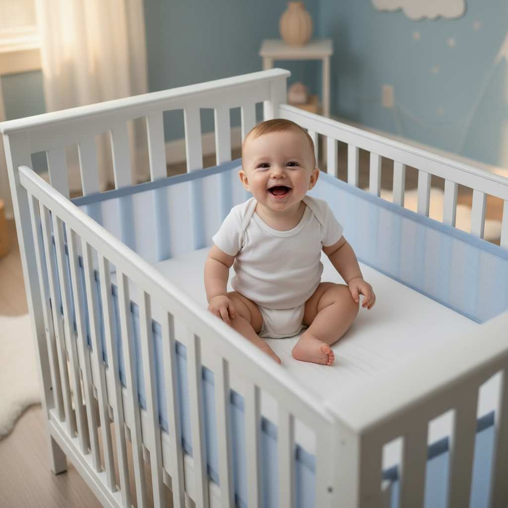 Bébé assis dans un lit équipé d'un tour de lit respirant bleu