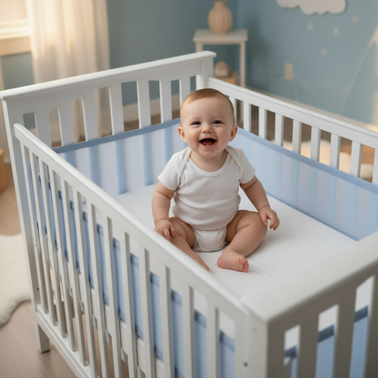 Bébé assis dans un lit équipé d'un tour de lit respirant bleu