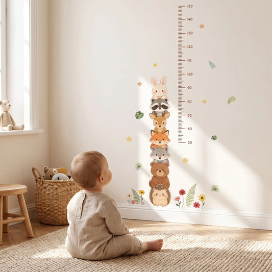 toise bébé animaux de la forêt, bébé assis sur un tapis qui la regarde