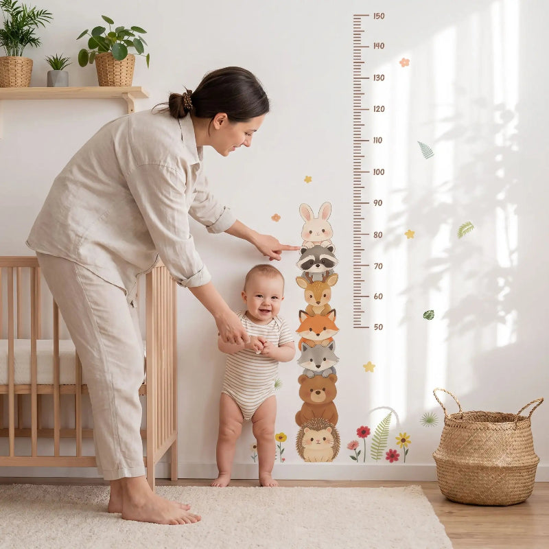 toise bébé, maman qui mesure son enfant debout contre le mur