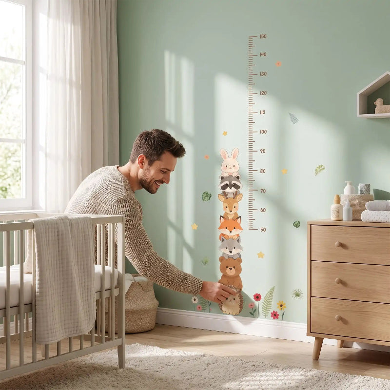 toise bébé posée par un papa sur un mur vert près du lit