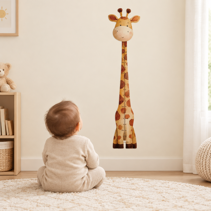 toise enfant girafe, bébé assis qui la regarde