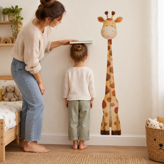 toise enfant girafe, maman qui mesure son enfant