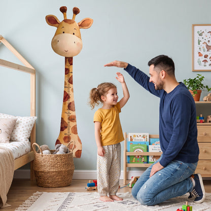 toise enfant girafe, papa qui mesure sa fille