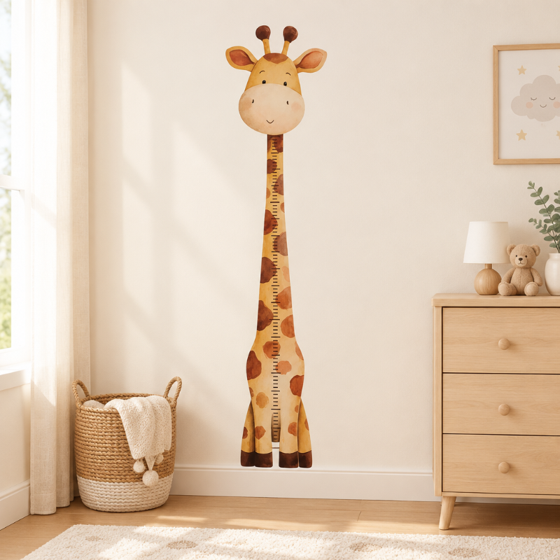 toise enfant girafe près d’une commode en bois
