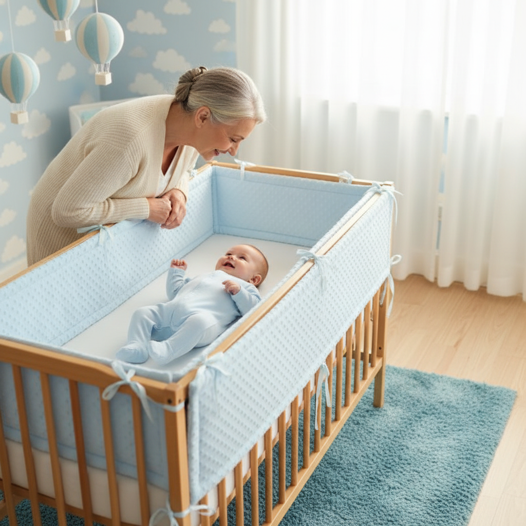 Tour de lit bleu bébé et mamie