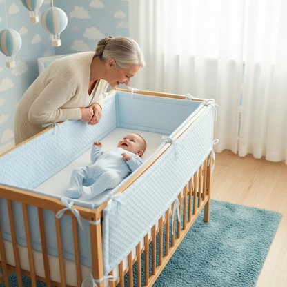 Tour de lit bleu bébé et mamie