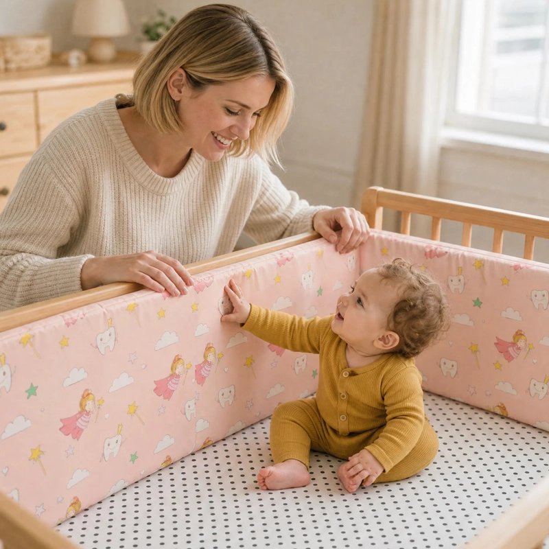 Tour de lit rose maman bébé jouant