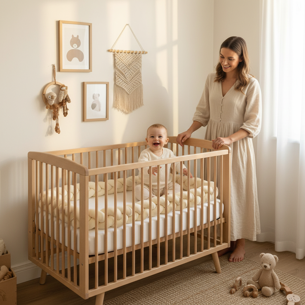 Tour de lit tressé ivoire avec bébé et maman