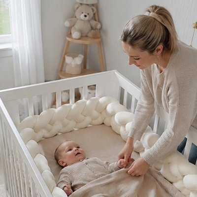 Tour de lit tresse blanc dans une chambre de bébé