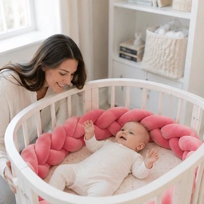 Tour de lit tresse rose dans un berceau bébé