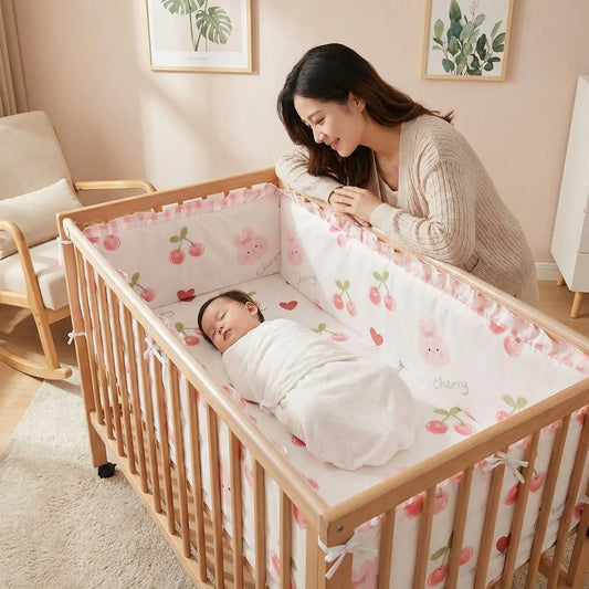 tour de lit bébé 60x120 cerises, maman veillant bébé endormi