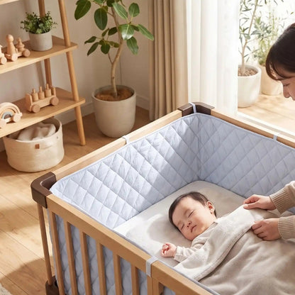 tour de lit gaze de coton bleu installé dans le lit
