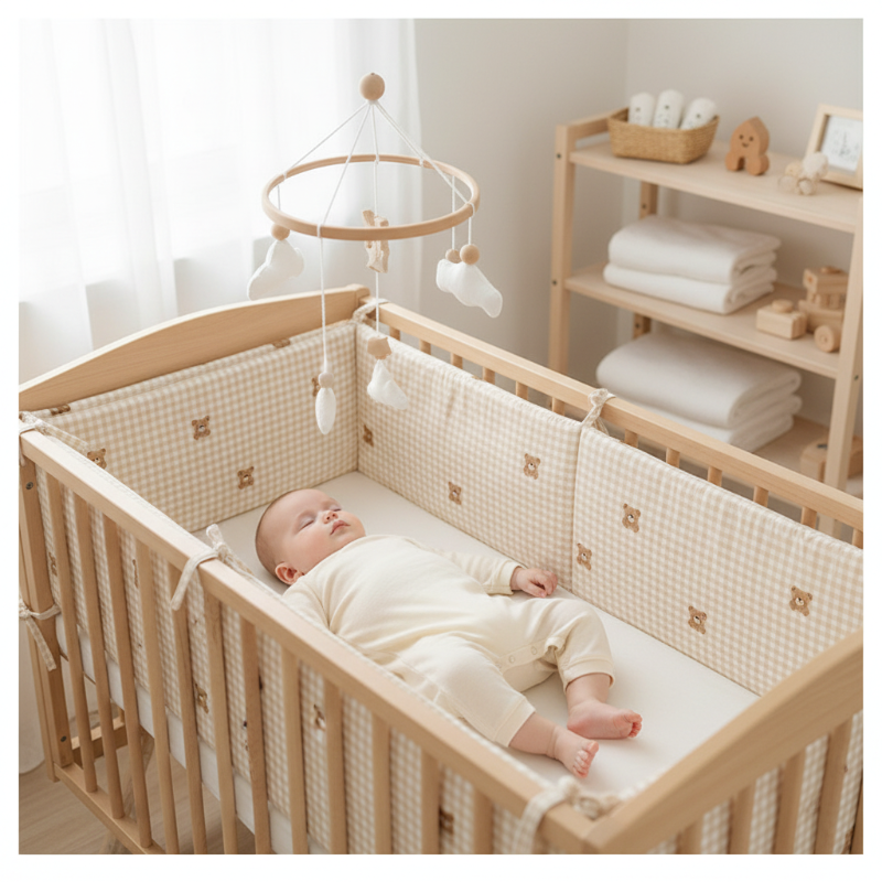 tour de lit monobloc beige bébé dors 