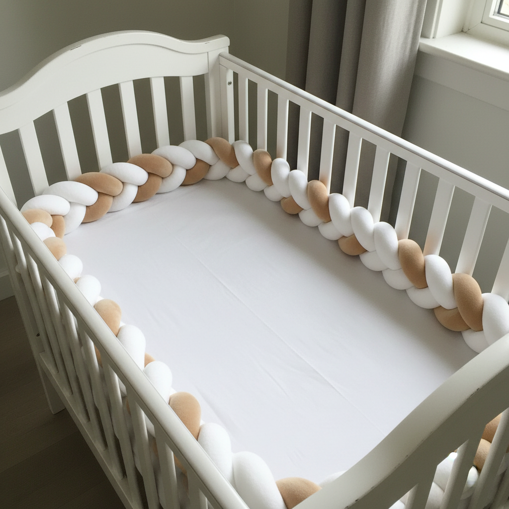 Tresse blanc beige tour incomplet en U sur lit bébé