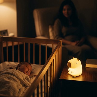 Veilleuse bébé capybara à côté d’un nouveau‑né endormi