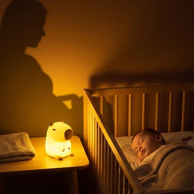 Veilleuse bébé capybara près du lit d’un bébé endormi