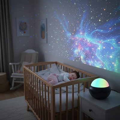 veilleuse projection allumee dans chambre bebe la nuit