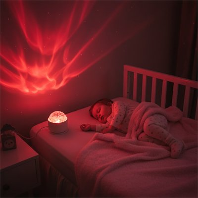 Veilleuse projection rouge créant une atmosphère lumineuse relaxante dans une chambre d’enfant