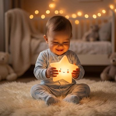 veilleuse bebe etoile bébé assis tapis 
